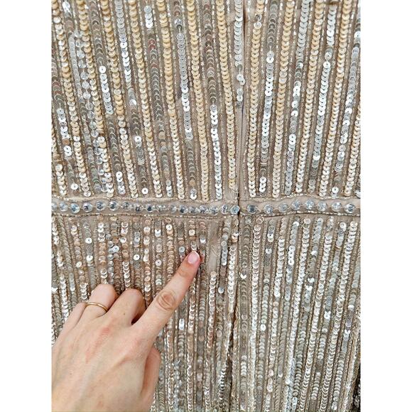 Mac Duggal Gold Sequined Illusion High Neck Long Sleeve Trumpet Gown Size 14 - Picture 8 of 9